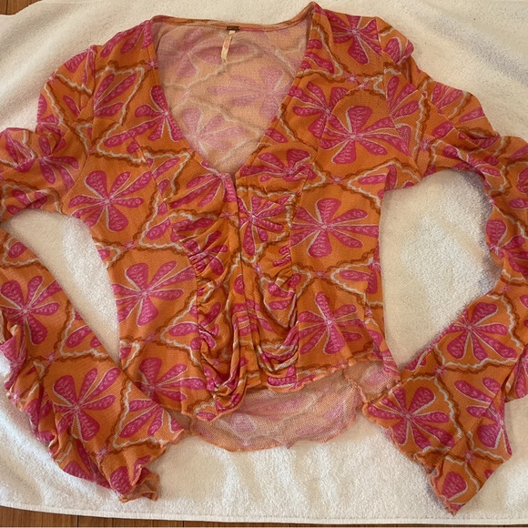 Free People Through The Meadow Mesh Blouse Top Floral Grapefruit Printed XS - Picture 6 of 12